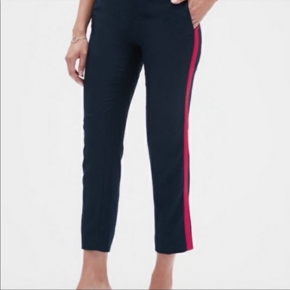 Banana Republic Avery Navy Pant with Red Stripe
